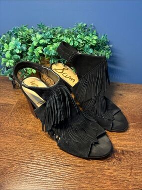 Sam Edelman Black Suede Fringe Peep-Toe Slingback Heels